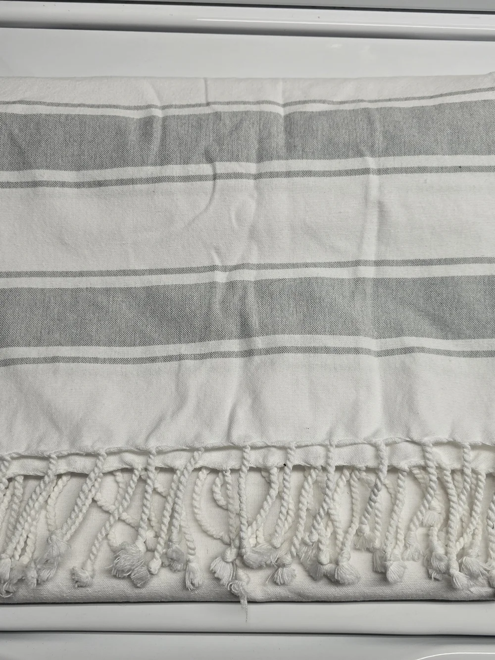 White and Gray Striped Recycled Cotton Shower Curtain with Boho Fringe